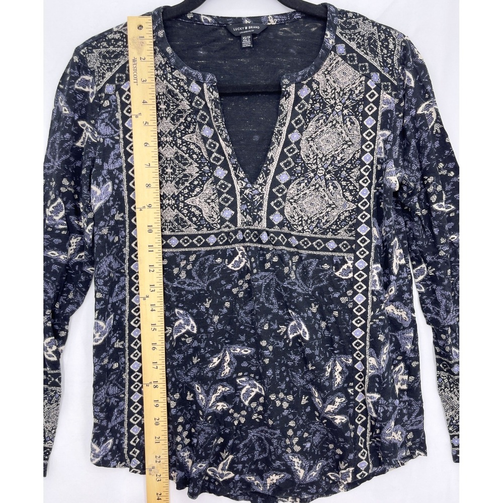 Lucky Brand Black Mixed Print Long Sleeve Split Neck Top XS Medallion Boho - Picture 4 of 7